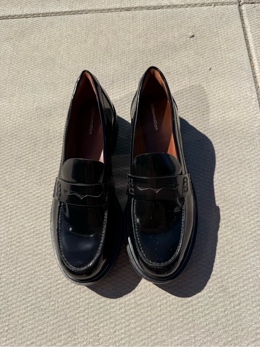Reformation Black Patent Leather Penny Loafers